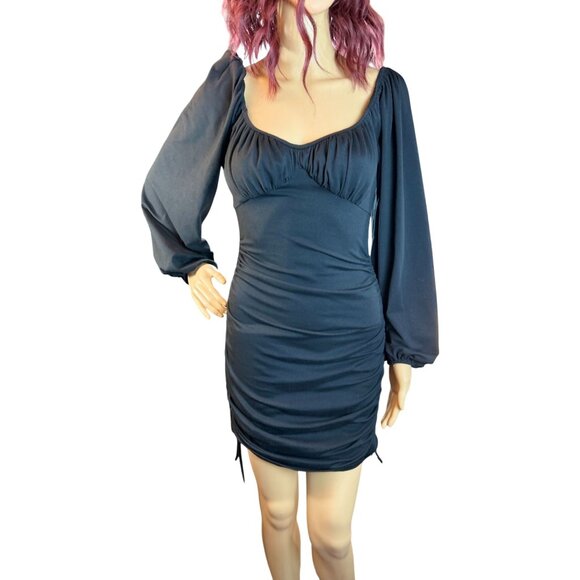 (6 for $25) Lantern Sleeve Ruched Mini Dress in Black Size Small - Picture 1 of 11